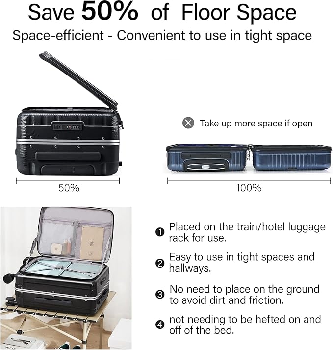 Hanke 24 Inch Checked Luggage PC Hard Shell Suitcases for Travel Front Opening Aluminum Frame Travel Luggage Rolling Suitcase with Wheels.(Jet Black)