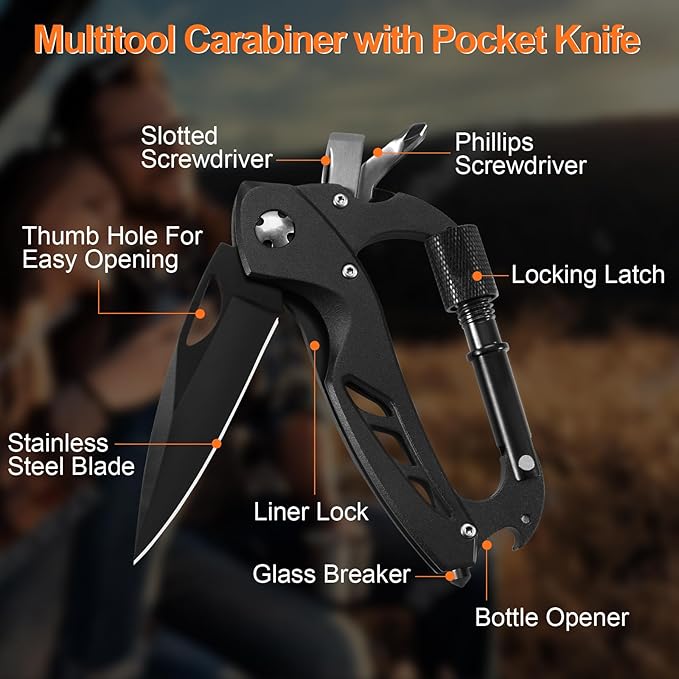 Stocking Stuffers for Men Adults, Multitool Carabiner with Pocket Knife, Christmas Gifts for Men Him, Folding Knives, Bottle Opener, Window Breaker and Screwdriver, Survival Gear for Camping Hiking