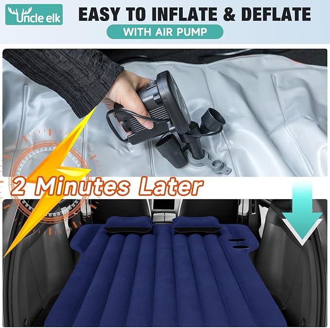 SUV Air Mattress: Inflatable Car Air Mattress for Camping, Portable Car Bed with Air Pump & 2 Pillows, Flocking Sleeping Pad Mattress for Home Car Travel Camping, Navy