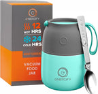 ENERGIFY Vacuum Insulated Food Jar. Large 12oz Bowl incl. Folding Spoon, Cup. Wide Mouth Keep Hot & Cold Drinks Soup Lunch Container for Adults. BPA-Free Stainless Steel, Leak Proof Mint Green
