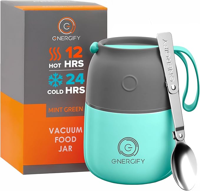 ENERGIFY Vacuum Insulated Food Jar. Large 12oz Bowl incl. Folding Spoon, Cup. Wide Mouth Keep Hot & Cold Drinks Soup Lunch Container for Adults. BPA-Free Stainless Steel, Leak Proof Mint Green