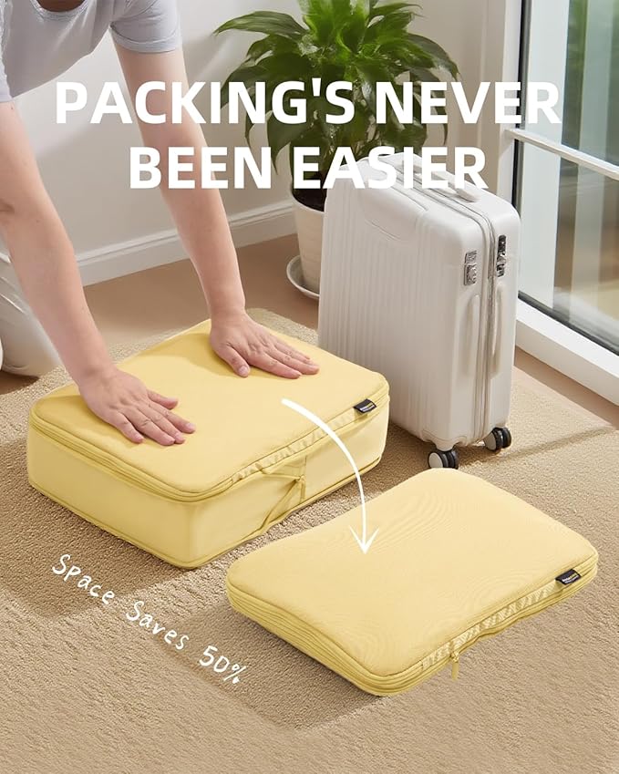 6 Set Compression Packing Cubes for Travel, Large Medium Small Luggage Organizers (Bright Yellow)