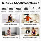 THE ROCK Single Serve Nonstick Pots and Pans Set, 6pc Portion Control Cookware Set with Rock.Tec, Scratch/Stain/Crack Proof, Oven & Dishwasher Safe, Perfect for Dorm, Camping & Small Kitchens, Black