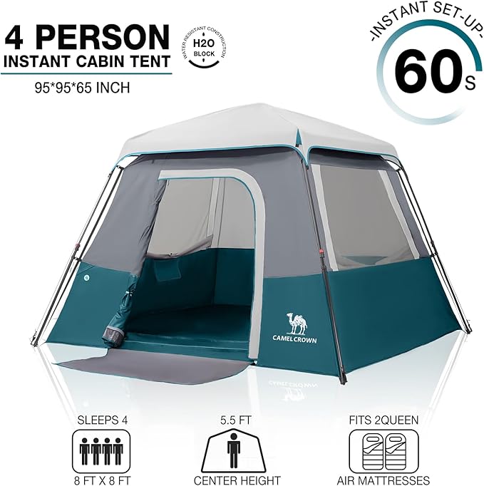 Camping Tents 4/6 Person Pop Up Instant Tent - Setup in 60s for Family Camping, Windproof Design, Family Cabin Tent with Rainfly & Backpack Carry Bag