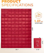 KingCamp Ultralight Camping Blanket, Packable Down Alternative Puffy Wearable Blankets Weatherproof Warm Package Quilt with Snap Buttons for Outdoor Hiking Travel Picnic Stadium (69"L x 53"W, CRIMSON)