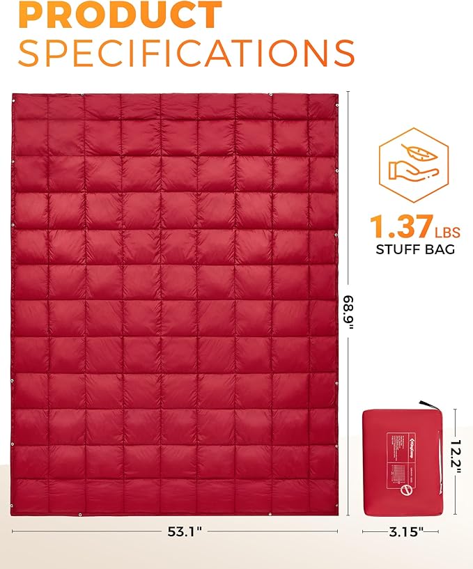 KingCamp Ultralight Camping Blanket, Packable Down Alternative Puffy Wearable Blankets Weatherproof Warm Package Quilt with Snap Buttons for Outdoor Hiking Travel Picnic Stadium (69"L x 53"W, CRIMSON)