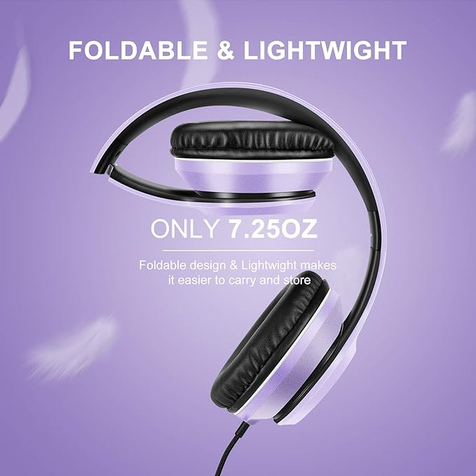LORELEI X8 Over-Ear Wired Headphones with Microphone with 1.45m-Tangle-Free Nylon Line&3.5mm Plug,Lightweight Foldable & Portable Headphones for Smartphone,Tablet,Computer,Mp3/4(Dark Purple)