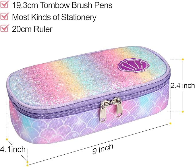 Bagseri 3pcs Clear Backpack for Girls - 15 Inch School Bag Set with Lunch Box and Pencil Case, Heavy Duty Transparent Bookbag for Kindergarten to Grade 2, Purple Mermaid