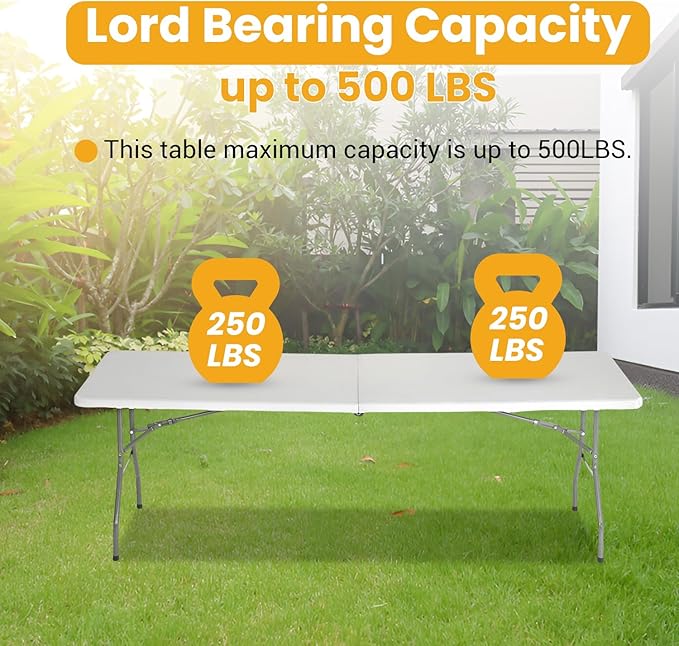 FDW 6FT Folding Picnic Table for Outdoor, Portable Fold-in-Half Plastic Dining Picnic Party Table with Carrying Handle
