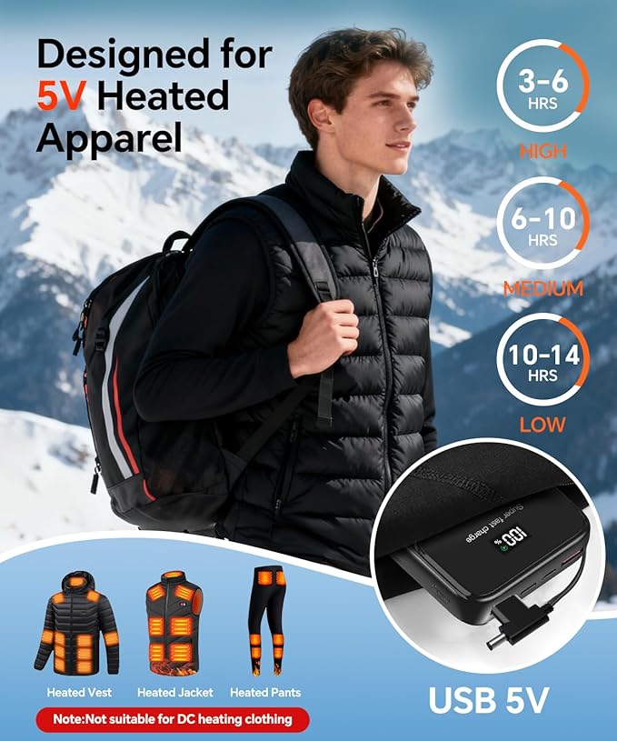 20000mAh Heated Vest Battery Pack USB 5V, Heating Vest Portable Charger USB/Type C Output Ports, Power Bank for Heated Jacket, LED Display Battery Pack for Heated Vest