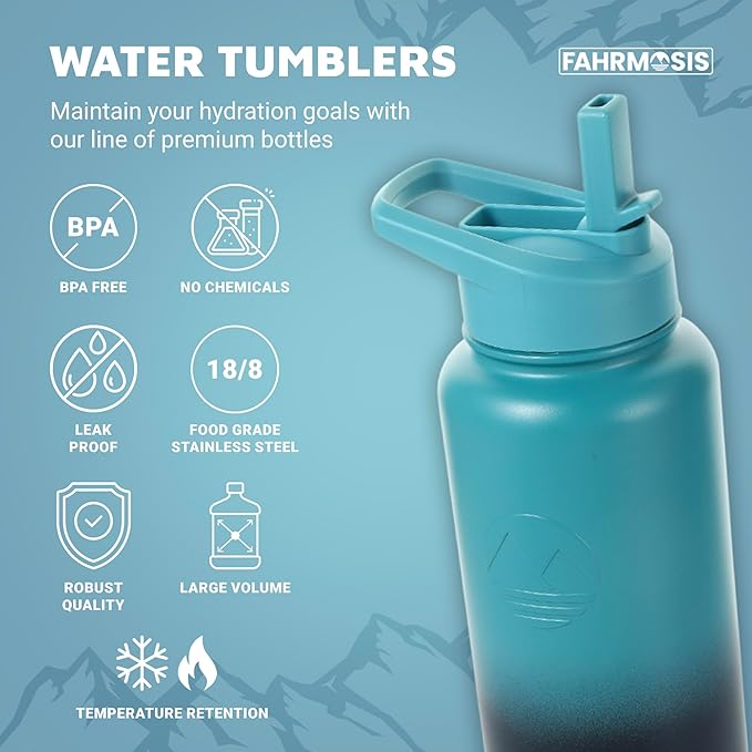 40 Oz Water Bottle with Strap Stainless Steel Sports Water Bottle with 3 Lids (Straw, Chug and Flip Lid) Insulated Leak Proof Metal Jug for Men & Women - Indigo Green (Pattern)