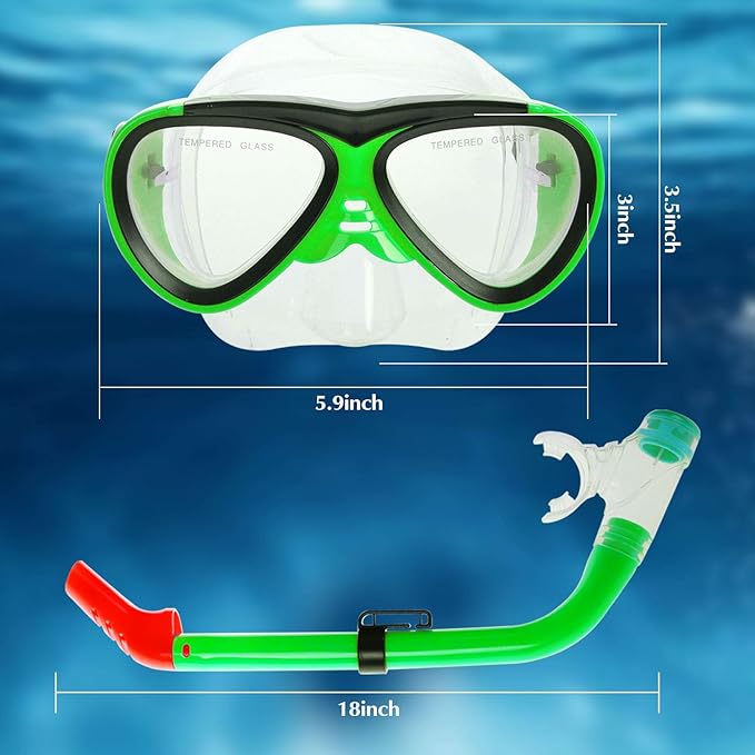 GreenLF Kids Snorkel Set, Anti-Fog Snorkeling Mask with Nose Covers for Youth Junior Child, Boys & Girls Age 5-12, Semi-Dry Diving Scuba Swimming Goggles Gear Packages