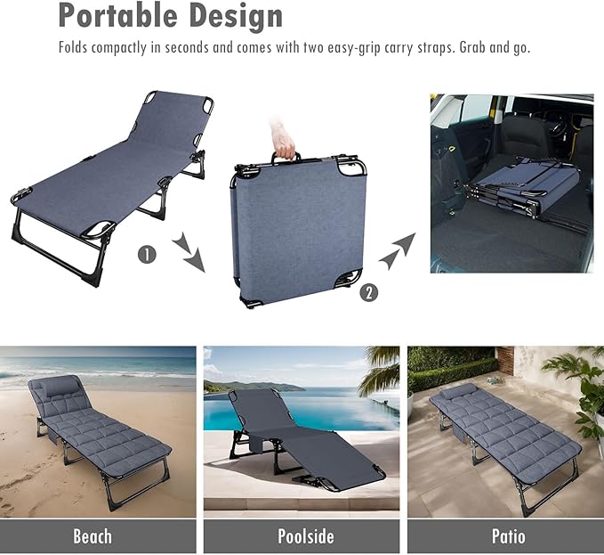 ATORPOK Folding Camping Cot for Adults with Padded Mattress and Pillow, Adjustable Reclining Lounger Sleeping Cot Bed, Ideal for Camping, Travel, Garden, or Office Use, Blue