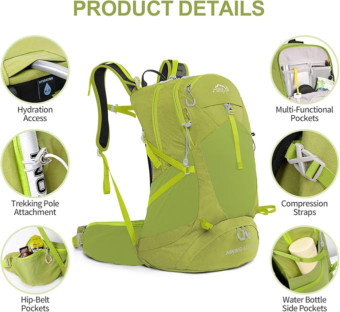 Hiking Backpack, Waterproof Hiking Daypack with 3L Water Bladder and Rain Cover, Lightweight Travel Camping Backpack for Men Women (Fruit green)