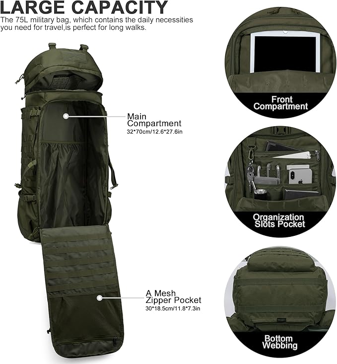Mardingtop 75L Molle Hiking Internal Frame Backpacks with Rain Cover for Camping,Backpacking,Travelling