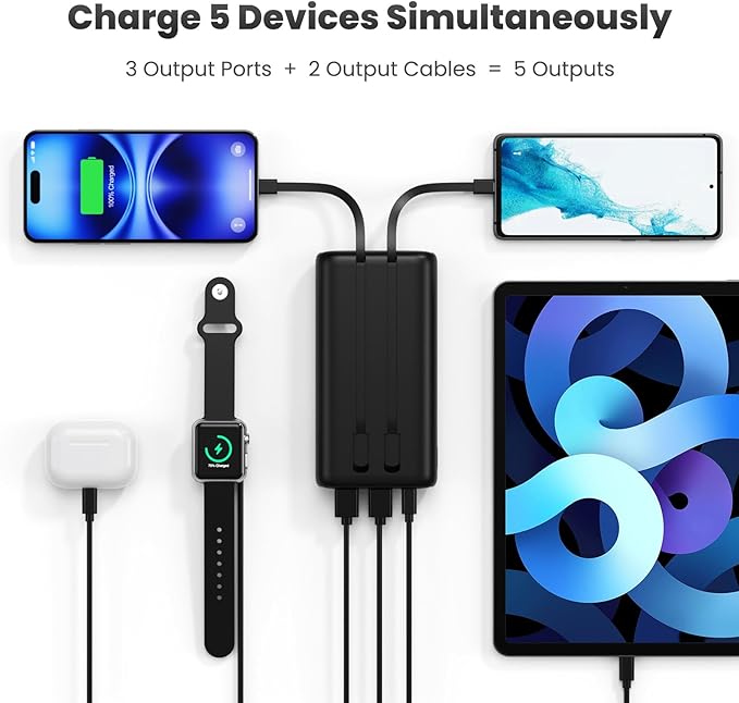 Portable Charger 40,800mAh Power Bank 25W Portable Battery Pack with 2 Built in Cables [2024 Upgraded], PD QC4.0 Fast Charging Portable Phone Charger Compatible with iPhone 16/15,Android Samsung-Black