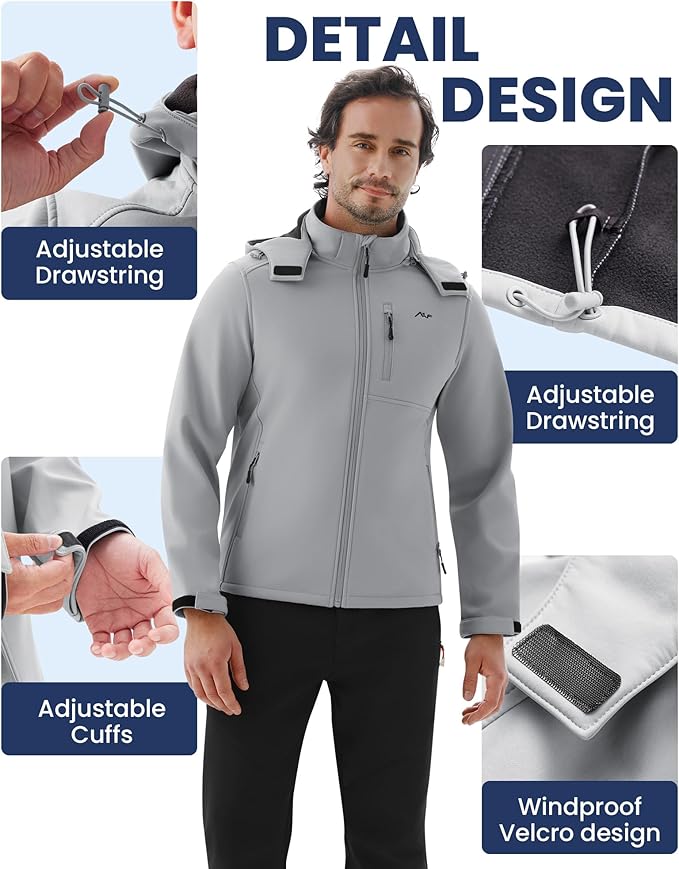 WULFUL Men's Softshell Jacket Waterproof Lightweight Insulated Windbreaker Fleece Lined Rain Shell Jacket for Hiking Travel
