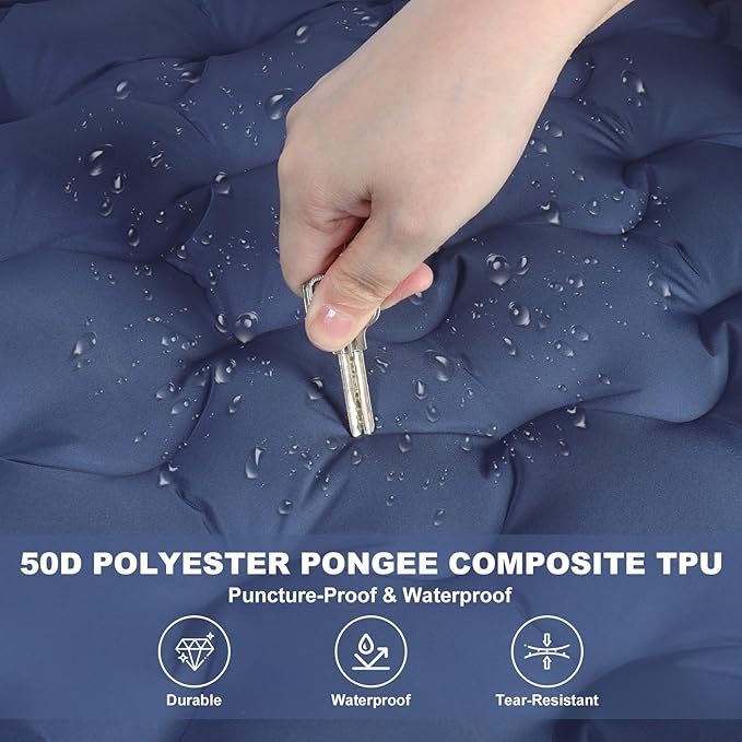 Camping Sleeping Pad with Pillow: Extra Thick 4.7 Inch Ultra-Light Self Inflating Air Mat, Portable Waterproof Inflatable Sleep Mattress with Built-in Foot Pump for Outdoor Traveling (Navy Blue)