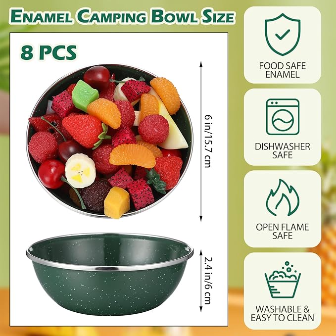 Sawysine 8 Pcs 6 Inch Enamel Bowl for Camping and Backpacking Enamelware Mixing Bowls Camping Cookware for Outdoor Cooking, Picnic, Snacks, Home, Farmhouse