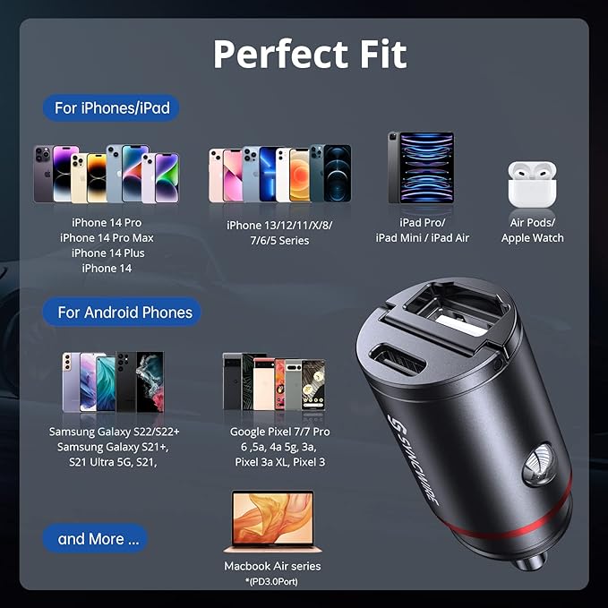 USB C Car Charger Syncwire 60W [PD 30W & QC 30W] USB Car Charger Adapter Fast Charging [Super Mini & All Metal] for iPhone, Samsung, Google Pixel, XiaoMi, Huawei, LG, iPad Road Trip Essentials