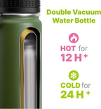 Insulated Water Bottle-22 oz Stainless Steel Vacuum Wide Mouth Sports Water Bottle with Silicone Boot-Reusable Metal Leak Proof Travel Water Flask for Boys (Grass Green)