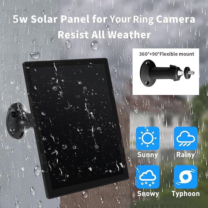 Solar Panel Charger for Ring Camera, Compatible with Ri ng Stick Up Cam, Stick Up Cam Pro, Ring Spotlight Cam Plus/Pro, 6W5V 13ft Charging Cable (Black-1Pack)