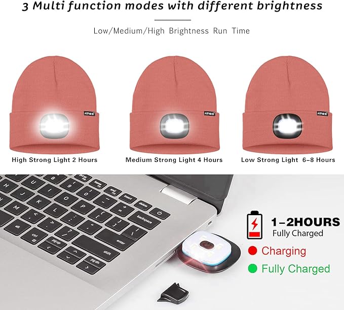 ATNKE LED Lighted Beanie Hat,USB Rechargeable 4 LED Running Headlamp Bright Cap with The Light Gifts for Men and Women