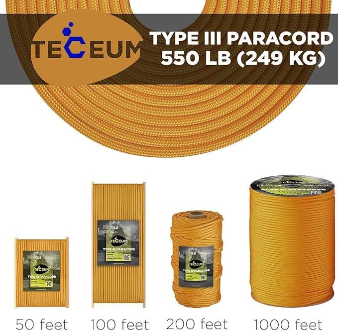 TECEUM 5/32" Paracord Rope 1000 – 1000ft / 200ft / 100ft / 50ft – Tactical Parachute Cord 4mm – 45+ Colors – Nylon String for Survival & Camping Gear – Stripe Cord for Survival – Utility Rope