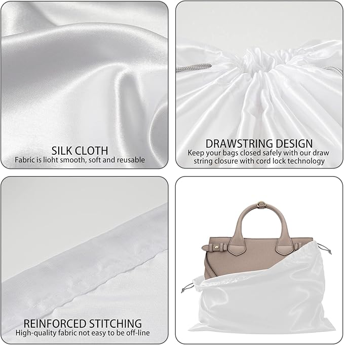 10 Pack Dust Bags for Purses and Handbags, Silk Dust Cover Storage Bag with Drawstring Travel Storage Pouch for Handbag Purse Shoes Boots (White, 23.6 × 19.6 in)