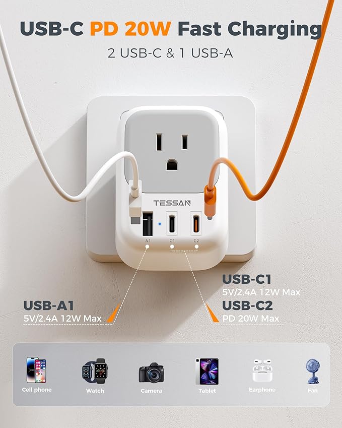 Australia Plug Adapter 2 Pack, TESSAN New Zealand Power Adapter with 4 Outlets 3 USB (2 USB-C), Type I Travel Adaptor for US to Australian Argentina China Fiji Samoa Tonga Kiribati