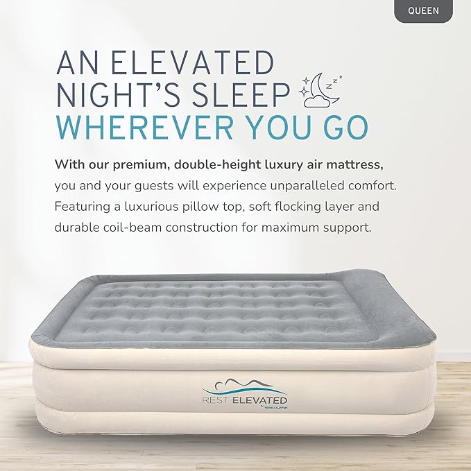 RestElevated Luxury Pillow Top Queen Size Air Mattress with Built in Pump | 20" Raised Height with Coil Beam Support | Adjustable Blow Up Air Bed | for Home, Guests and Camping [White with Grey Top]