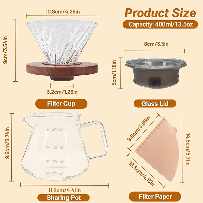 Coffee Pour Over 13.5oz 400ml High Borosilicate Glass Pour Over Coffee Maker Set Camping Travel with 50 Pcs V60 Cone Filter Paper Hand Brew Carafe Drip Suitable for Electric Ceramic Stove
