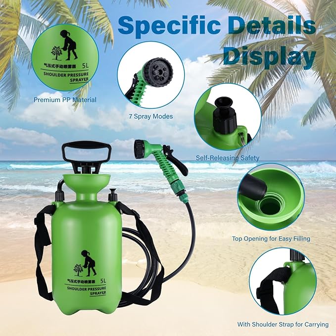 Finderomend Portable Shower for Camping with 7 Spray Modes, Hand Press Camping Shower with Removable Hose and Shower Head,Pressure Rinse Kits for Hiking Traveling Garden Beach Pet Shower