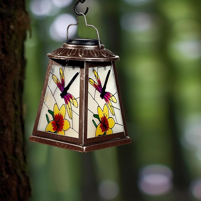 Solar Lantern with Shepherd Hook, Hanging Lantern with LED Lights, Outdoor Waterproof Solar Lanterns Metal Lamp Decoration Garden Patio Yard Pathway, Gifts for Mom Grandma Women, Dragonfly