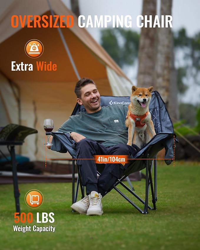 KingCamp Oversized XL Camping Chair, Heavy Duty 500lbs Folding Couch for Adults, Padded Large Comfortable Sofa Seat with Cooler Bag Cup Holder for Outdoor Sports Fishing Patio Lawn, Lava/Grey