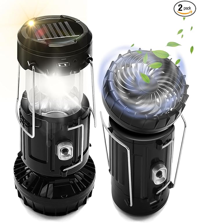 2-Pack Solar Camping Fan w/ Lantern, DIBMS Collapsible Solar Powered USB Rechargeable & Battery Powered Emergency Hanging Lights for Camping Tent Hurricanes Power Outages Storm Indoor Outdoor