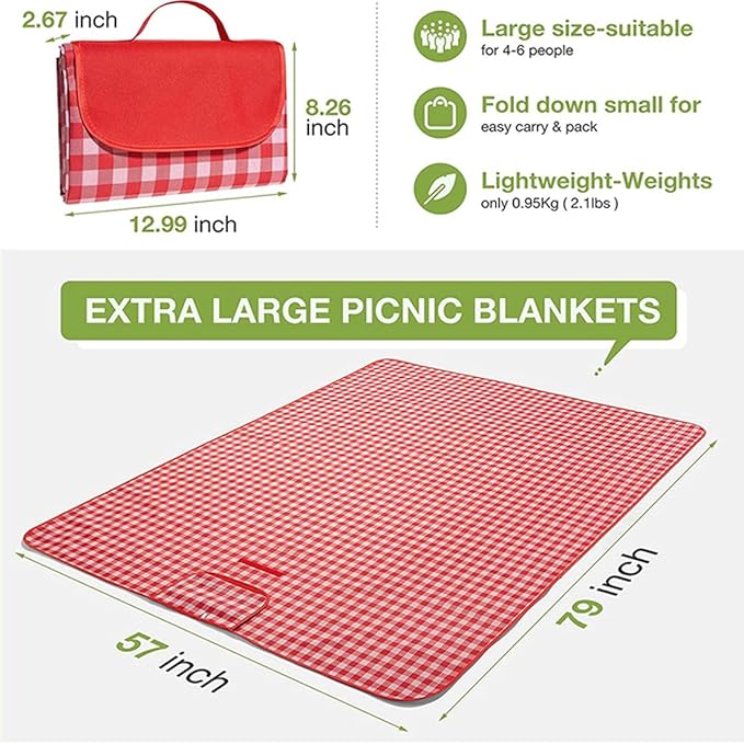 Extra Large Picnic Blanket Beach Blankets, Outdoor Foldable Waterproof Sand Mat for Beach Camping Hiking Travel Family Concerts Grass Park Music Festival Lawn Mats (Red, 80x60inch)