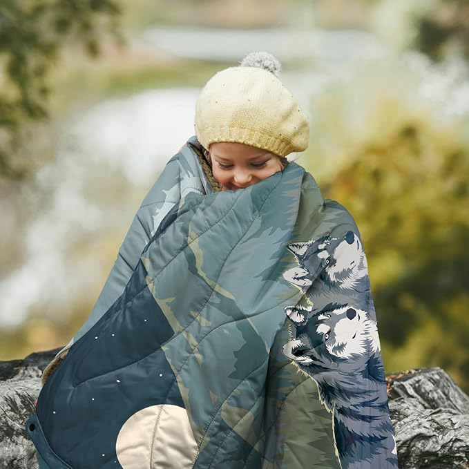 Outdoor Camping Blanket with Sherpa Lining, Extra Warm Thick Camp Blankets and Puffy Ultralight Soft Poncho DWR Camping Quilt for Cold Weather, Adventure, Sleeping, Backpacking 56"x 40"