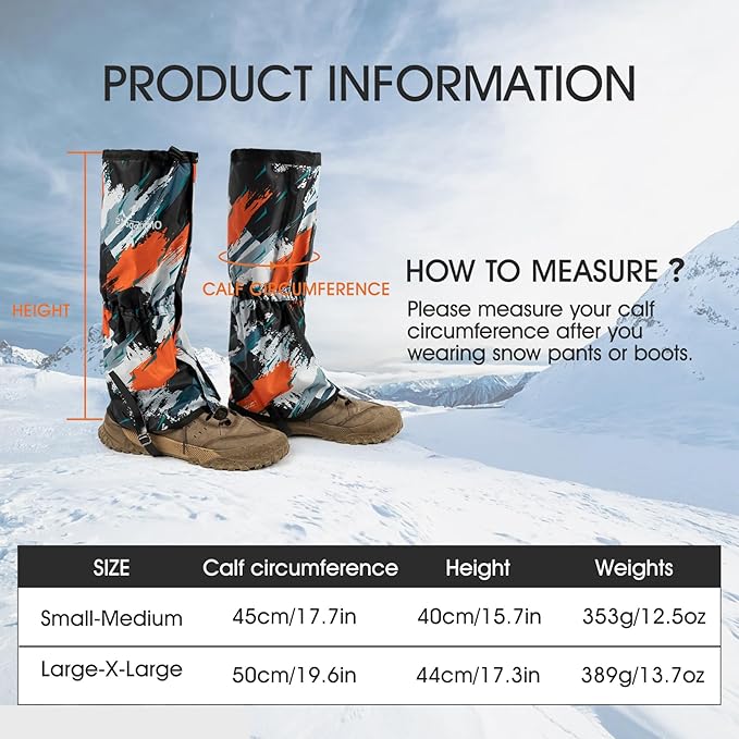 Waterproof Adjustable Leg Gaiters for Men and Women Snow Boot Gaiters for Hiking in Hunting Sand and Mud Mountain Climbing or Snowshoeing