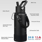 BJPKPK 32oz Insulated Water Bottles with 3 Lids, Paracord Handle & Non-slip Boot, Stainless Steel Metal Water Bottle,Reusable BPA Free Thermo, Tumblers, Black