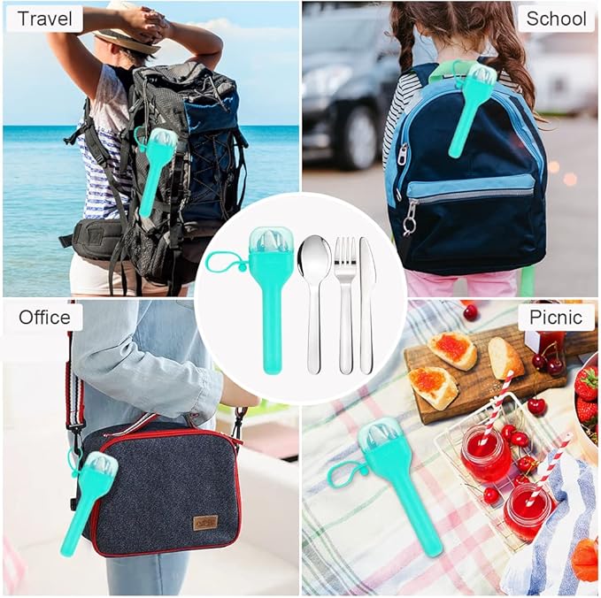 Sophico Travel Utensils Set for Camping and Kids Lunch Box, Stainless Steel Fork and Spoon, Knife Silverware Flatware Sets with Silicone Case - Portable & Leak-proof, Dishwasher Safe (Mint, 1 Set)