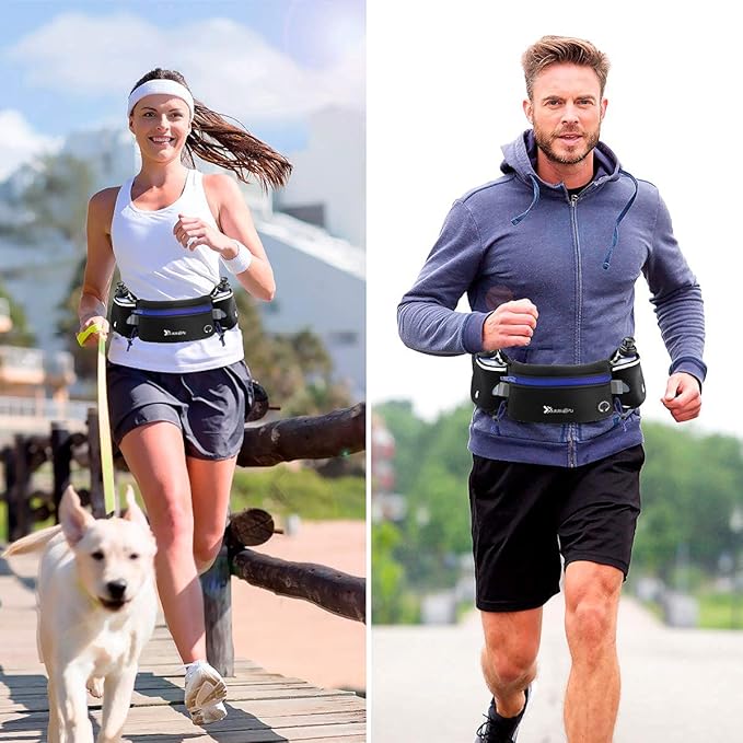 Number-one Running Belt with Water Bottles(2 x 175ML), Hydration Belt Waterproof Waist Pack Bag Fits iPhones Adjustable Sports Waist Pouch for Marathon Running Hiking Cycling