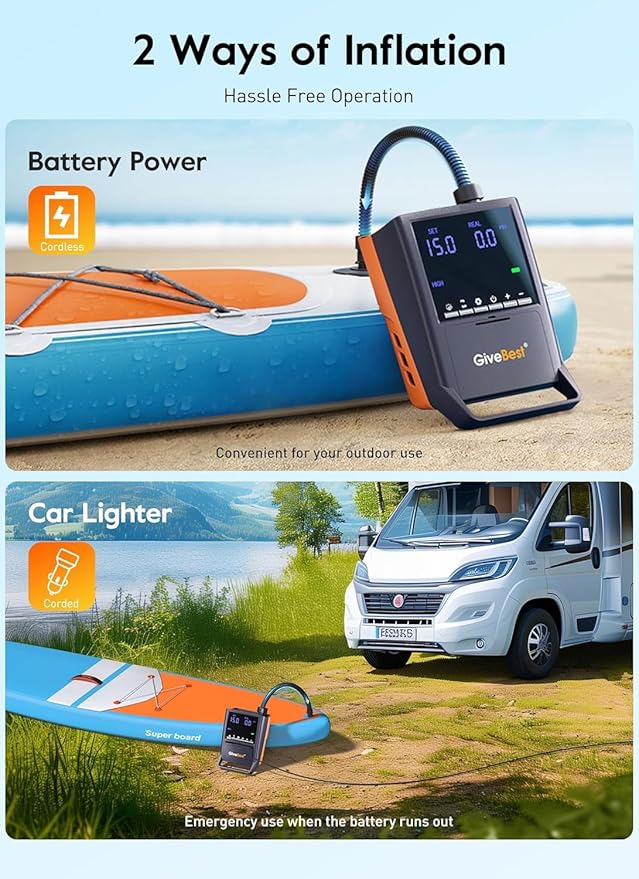 GiveBest Rechargeable Paddle Board Pump, 20 PSI High Pressure and 30% Faster Dual Stage SUP Air Pump with Auto-Off, 3x4500MAH, Inflation and Deflation Function for Paddle Boards, Boats, Kayak and Tent
