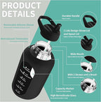 CIVAGO 64 oz Glass Water Bottle Jug with Straw and Handle, Half Gallon Sports Motivational Water Bottle with Time Marker, Wide Mouth Flask Canteen with Silicone Sleeve for Gym, Black