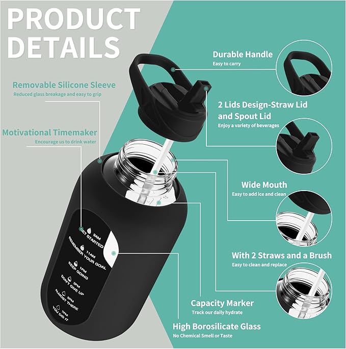 CIVAGO 64 oz Glass Water Bottle Jug with Straw and Handle, Half Gallon Sports Motivational Water Bottle with Time Marker, Wide Mouth Water Flask Canteen with Silicone Sleeve for Gym, Lilac