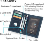 CONTACTS Full Grain Leather Passport Holder RFID Blocking Travel Passport Wallet Compatible with Airtag Passport Cover Case with 4 Cards Slots, Coin Pocket (Blue)