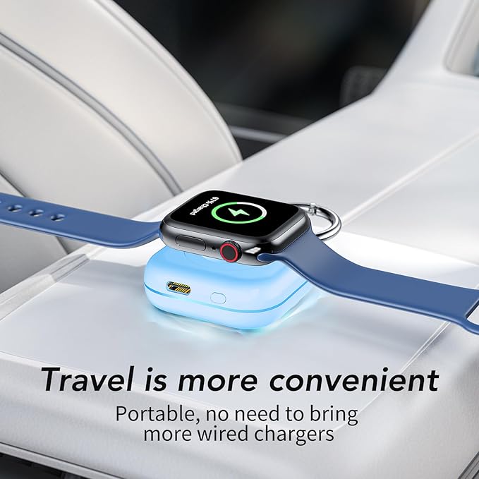 HUOTO Charging Adapter, 1200mAh Battery Powered Portable Wireless Charger for Apple Watch Series 9/8/7/6/SE/5/4/3/2/1 Ultra, Keychain USB-C Charger, Gifts for Women Man