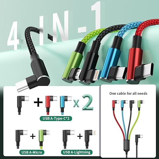 Travel Vacation Essentials USB C Multi Charging Cable, Right Angle 4 in 1 Charging Cable, Phone Charger Cords with IP/Type C/Type C/Micro Port, Compatible with Most Cell Phones and More（1Pack 5FT）