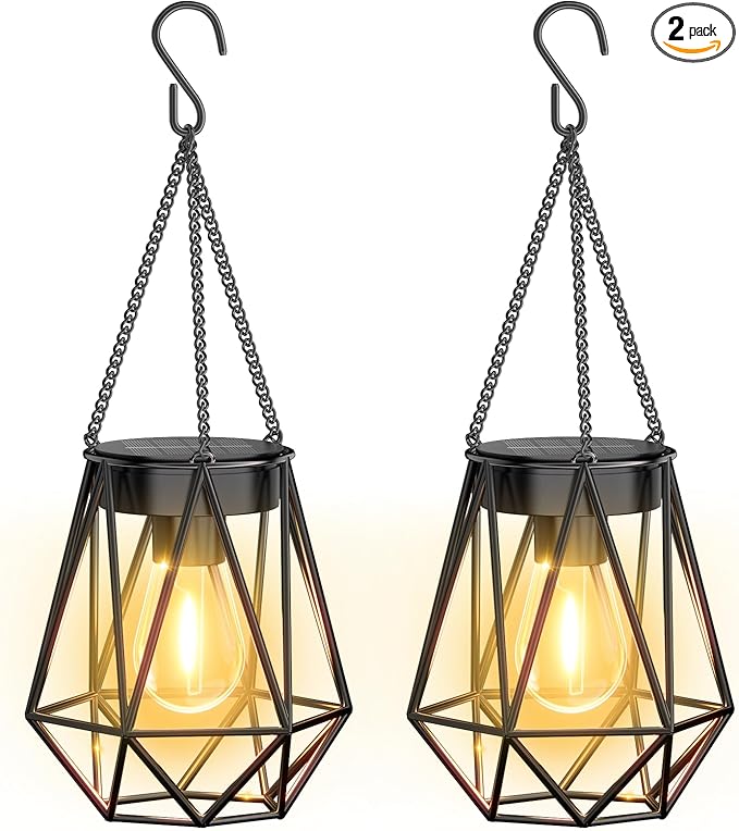 KOOPER 2 Pack Hanging Solar Lanterns Outdoor Waterproof, Metal Solar Powered Lantern Lights, Bright Diamond Shape Lantern with Hook, Outdoor Decorative Lanterns for Patio Porch Garden Yard Decor Gift