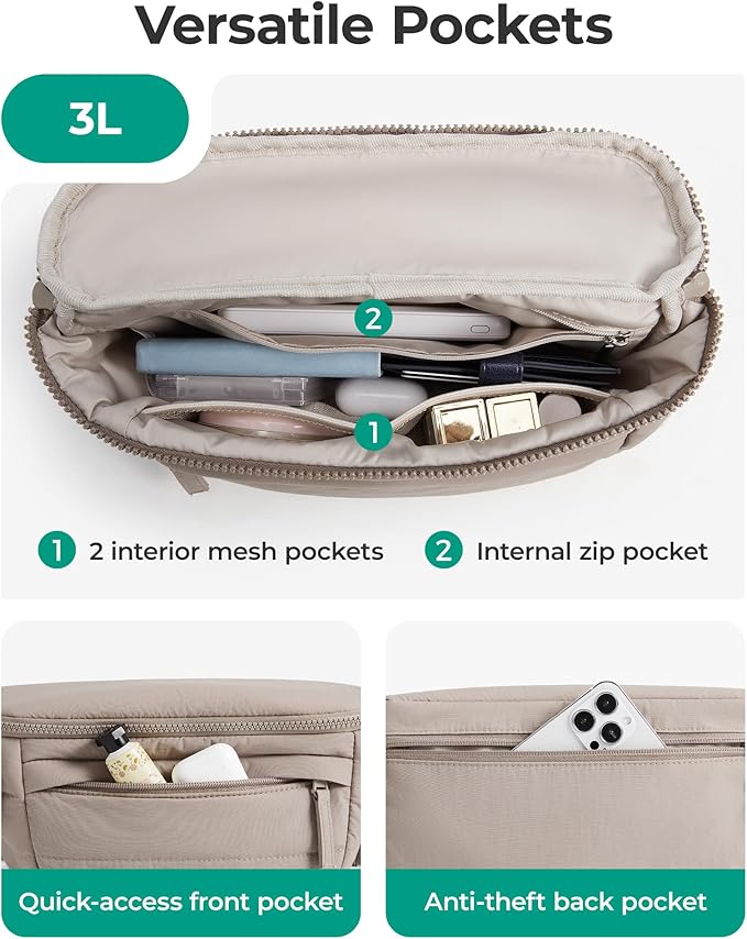 BAGSMART Fanny Packs for Women Cross Body, Lightweight Puffy Belt Bag with Multi Pockets Quilted Purse for Traveling Hiking Coffee